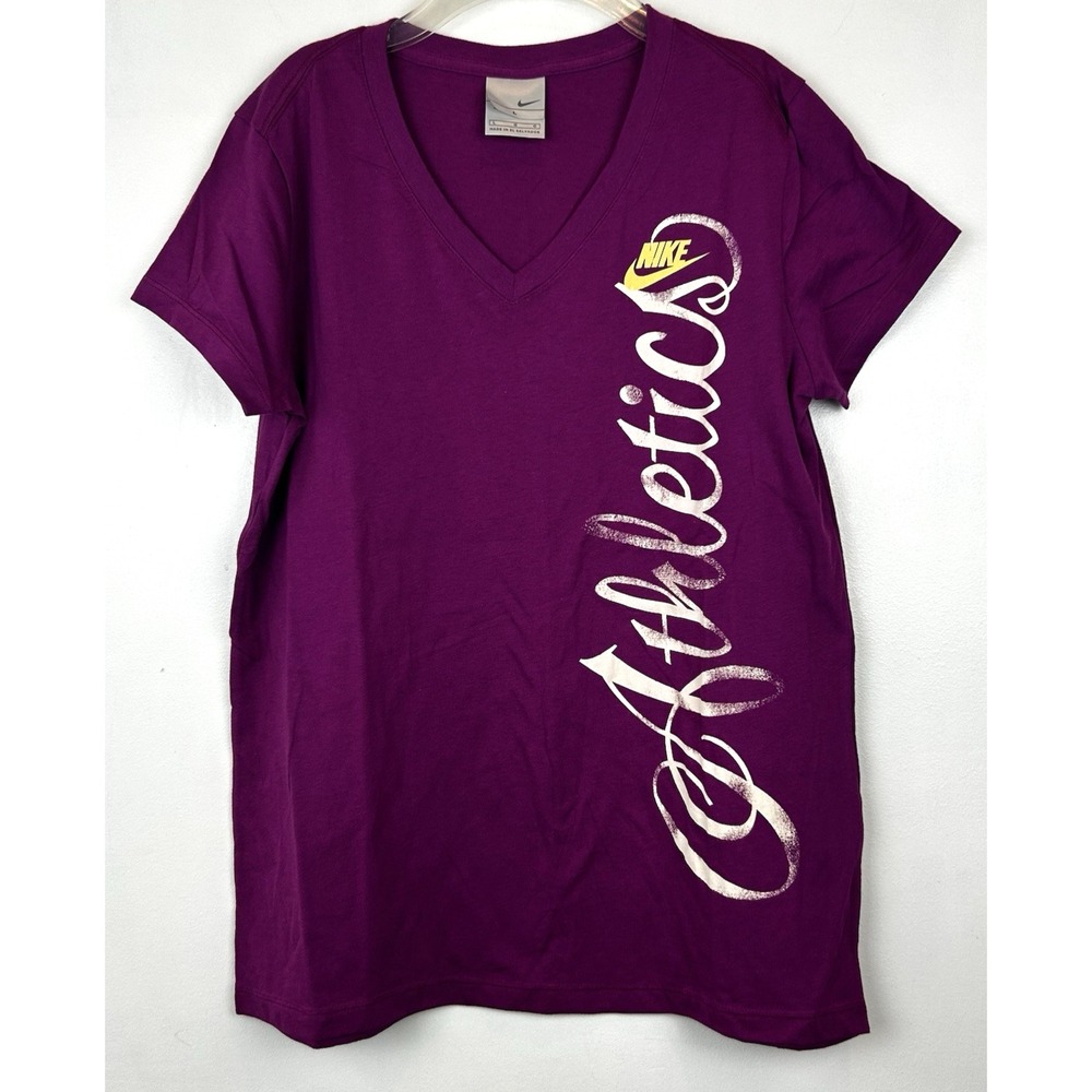 Nike T Shirt Womens Large V Neck Purple Y2K Logo Swoosh Casual Athleisure Sporty
